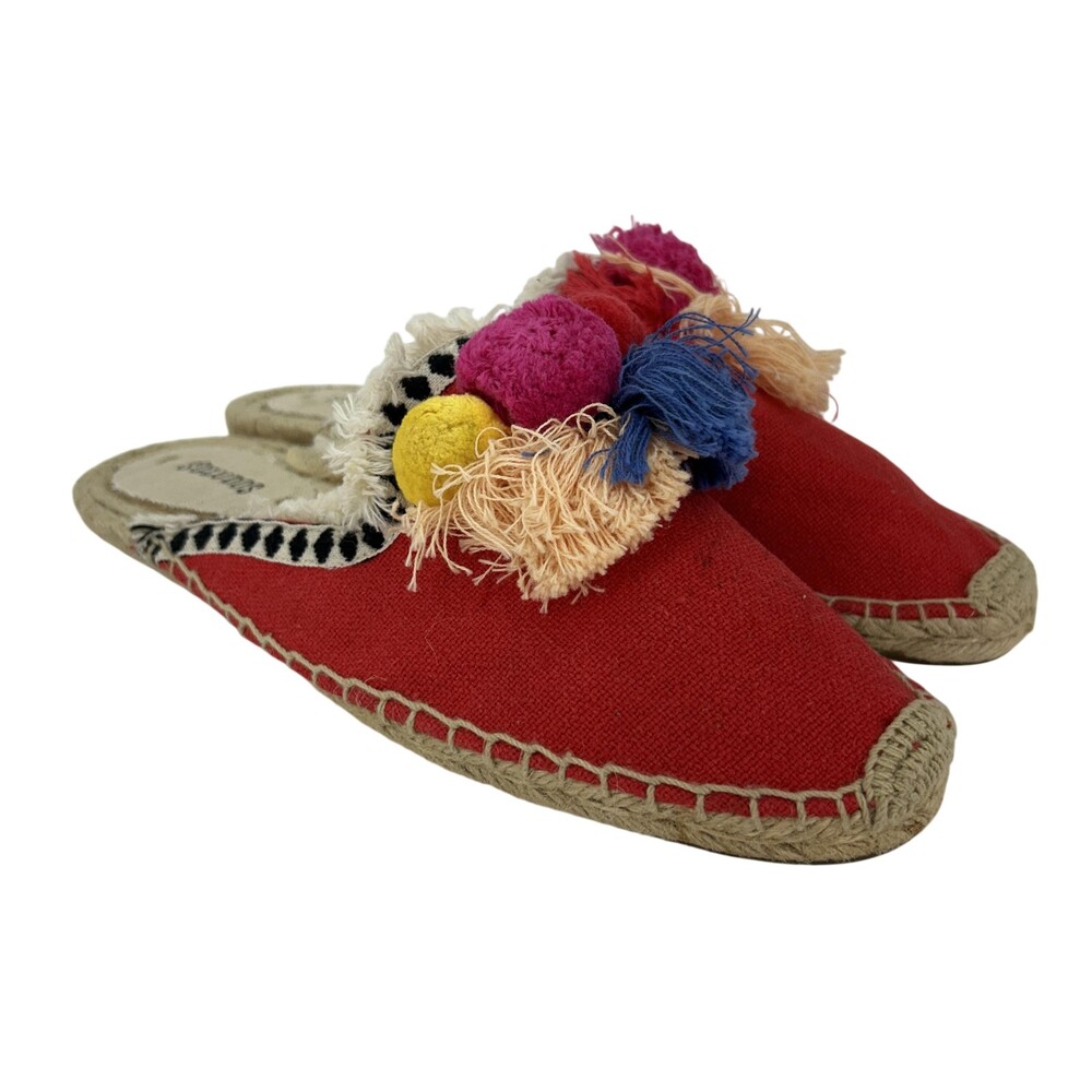 Soludos Shoes Womens Size 9.5 Red Pom Pom Tassel Espadrille Slide Flats Casual